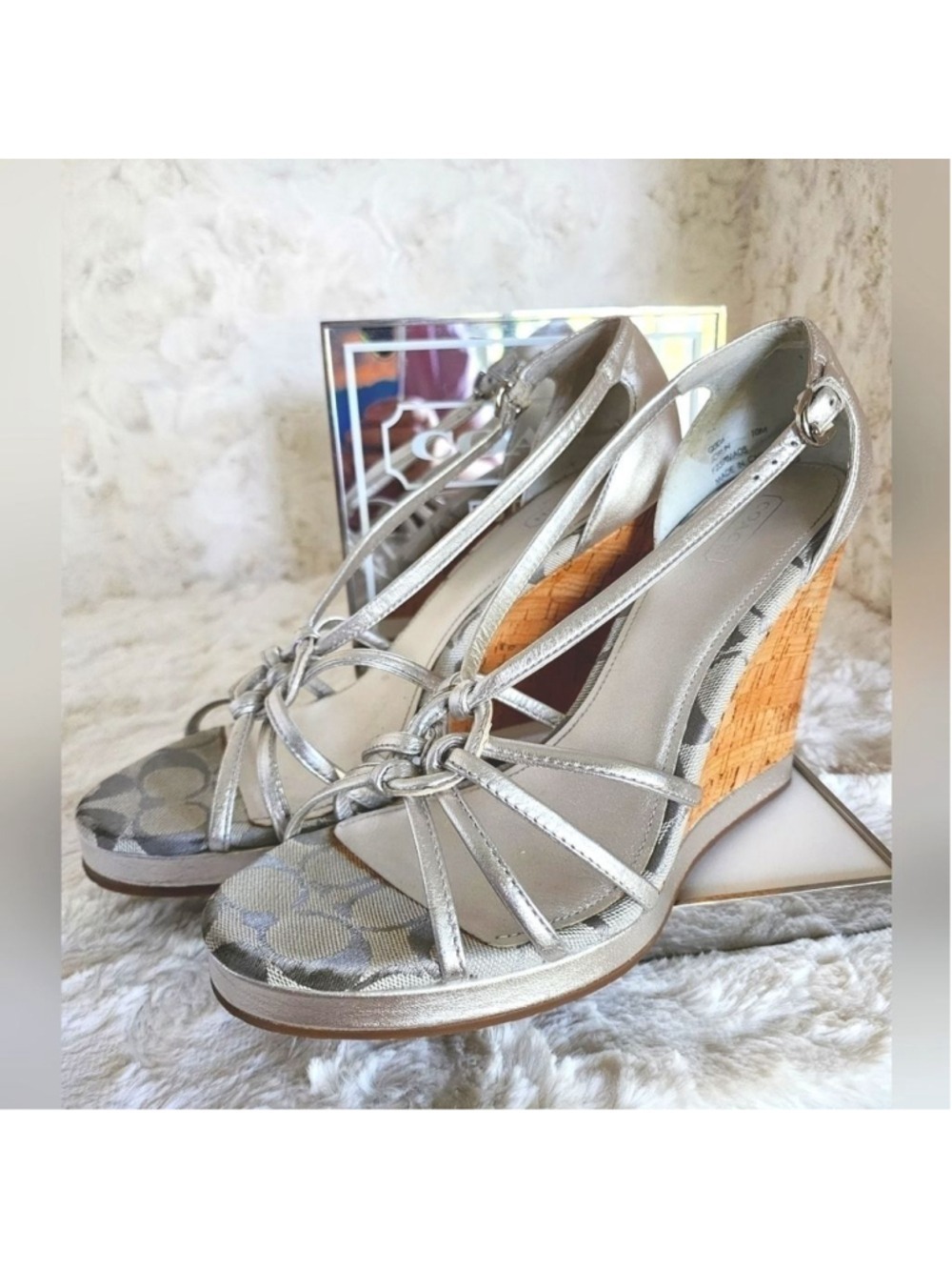 NWOT Coach Silver Joslin Silver Leather & Cork Wedges Sz 10